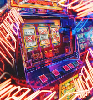 A vibrant scene featuring a classic slot machine with bright neon lights surrounding it. The slot machine displays symbols like 'Bar' and '7' and is set in a lively arcade environment. Reflections and colorful lighting add a sense of excitement and motion.
