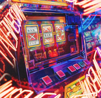 A vibrant scene featuring a classic slot machine with bright neon lights surrounding it. The slot machine displays symbols like 'Bar' and '7' and is set in a lively arcade environment. Reflections and colorful lighting add a sense of excitement and motion.